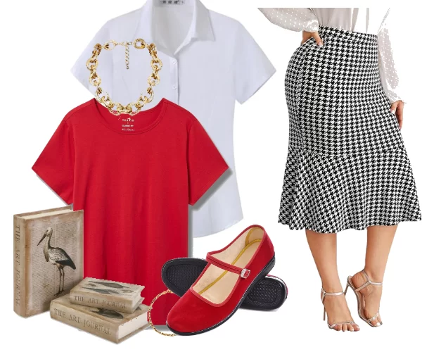 a plus size work outfit that is comfortable, easy, and cheap. You start with a simple red plus size crew kneck shirt, then add a plus size white button down short sleeved shirt, a tweed (or in this case) a houndstooth plus size mermaid style skirt. And then to jazz it up you add simple gold chain chocker, and rope style gold bracelet, and then a simple pair of red mary jane flats.